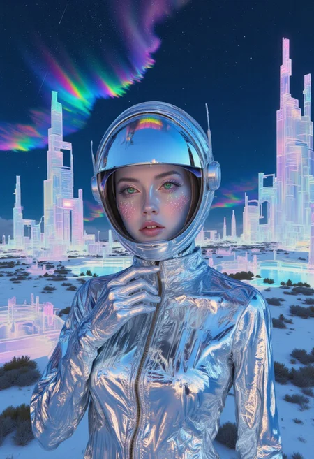 psycho_4rt, aesthetic_pos3, dynamic_pos3, Cinematic, futuristic scene featuring a face-focused and body-focused close-up portrait of a mysterious stunningly beautiful petite slender bombshell female Italian model wearing a tight shiny revealing silver suit. The figure stands in a serene, fantasy-like landscape surrounded by massive modern buildings, under a vast starry night sky. She has beautiful narrow face with flawless sharp model-like facial features and large captivating silver-blue eyes, surrounded by cyan pink purple geometric patterns, evoking an otherworldly aura. Her face shows and expression of awe and wonder, she has long eyelashes and elaborate makeup, long elaborate eyeliner that extends beyond her eyes, smoked eye mascara, holographic rainbow lights of her sexy futuristic helmet visor reflect on her detailed perfect skin and shiny tight suit. she has a fit slender body and an impossibly small waist, microwaist, perfect round bulging breasts. The figure stands poised adjusting a zipper at her bust, revealing cleavage. In the distant background, tall futuristic white marble and glass buildings and skyscrapers rise softly into a horizon with a gentle, ethereal glow, aurora in the sky, enhancing the enigmatic atmosphere. Highly detailed, comic_source, western comics, heavy lines, high contrast, cinematic, vintage neon, colorful fractal, absurdres, very aesthetic, masterpiece