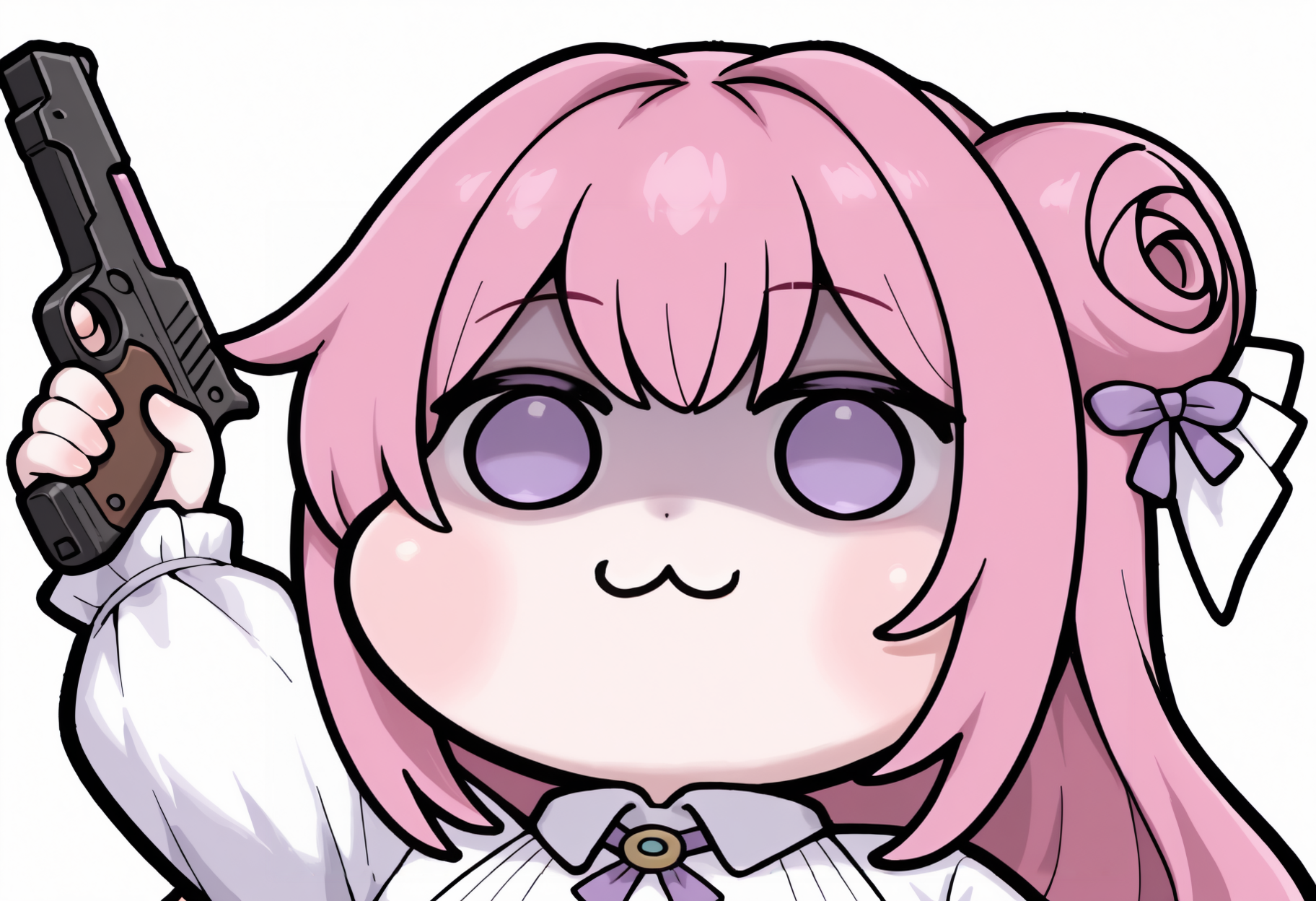 holding handgun, arm up, from below, white background,  <lora:doro_xypher_ixl_v1:0.9> doro, :3, chibi, no pupils, solid circle eyes, upper body, white skin, dorothy \(nikke\), pink hair, single side bun, hair bow, purple ribbon, shaded face, close-up,  <lora:asmr_beating-08-NOOB-EPS1.1:1>