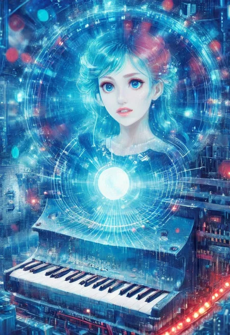 double exposure of opera diva Hatsune Miku with long floating blue twintails singing high note merging with a printed circuit board of Yamaha electronics chip processor, <lora:DoubleExposure:1>, (head:1.8), <lora:The Phantom of the Opera style:1.5> The Phantom of the Opera style, <lora:loraeyesxl:0.4>