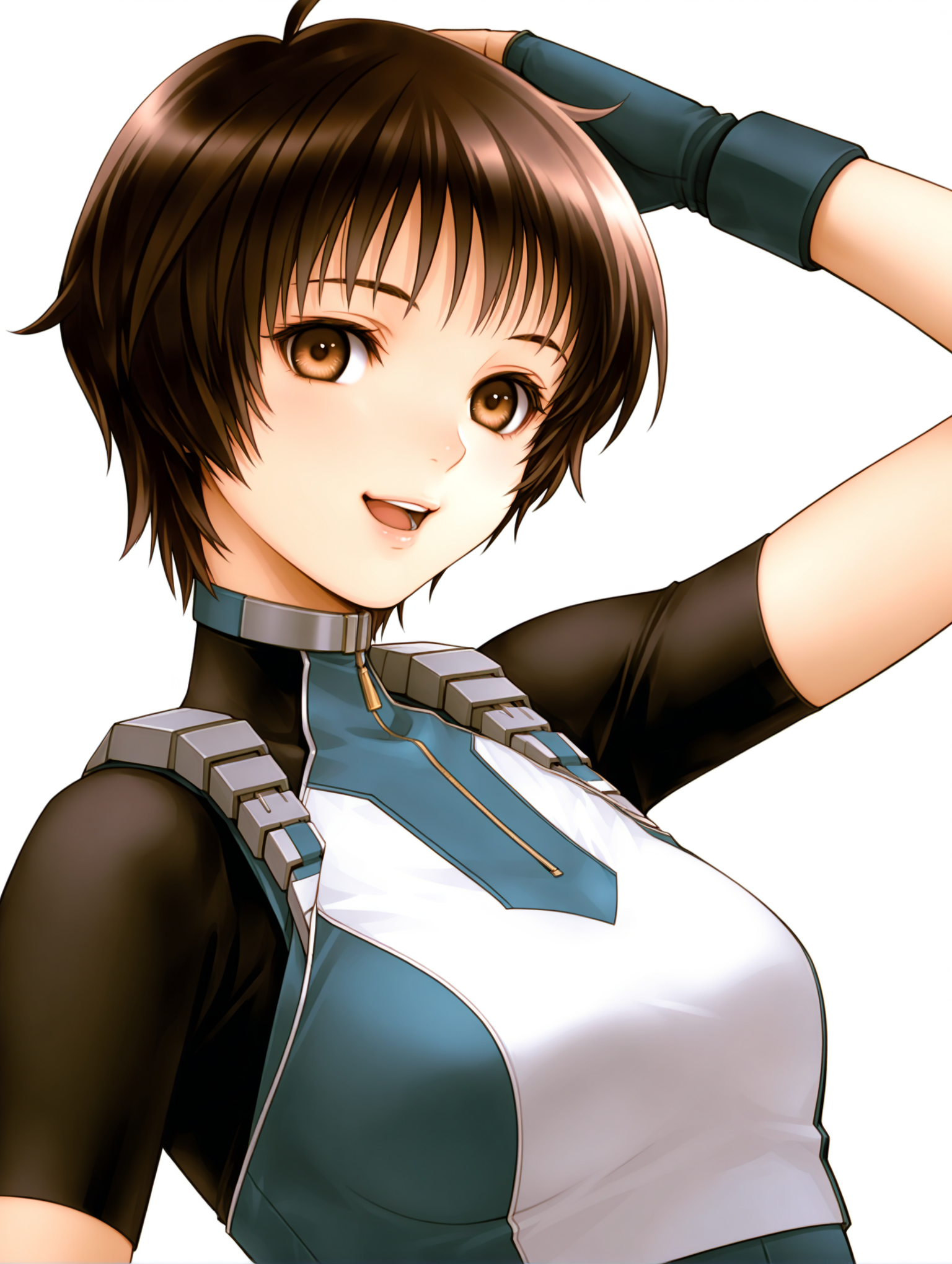 masterpiece,best quality,newest,
1girl,solo,
<lora:Aizawa_Momo_ilxl_v1.0:1>,momo_a,ahoge,brown hair,short hair,brown eyes,
m_suit,turtleneck,skin tight,bodysuit,crop top,short sleeves,fingerless gloves,leotard,
<lora:Fixhands_anime_bdsqlsz_V1:1>,looking_at_viewer,cinematic_angle,looking_at_viewer,white_background,simple_background,upper_body,face_focus,laughing,scratching head,gasping,