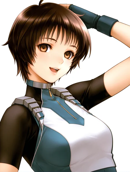 masterpiece,best quality,newest,
1girl,solo,
<lora:Aizawa_Momo_ilxl_v1.0:1>,momo_a,ahoge,brown hair,short hair,brown eyes,
m_suit,turtleneck,skin tight,bodysuit,crop top,short sleeves,fingerless gloves,leotard,
<lora:Fixhands_anime_bdsqlsz_V1:1>,looking_at_viewer,cinematic_angle,looking_at_viewer,white_background,simple_background,upper_body,face_focus,laughing,scratching head,gasping,