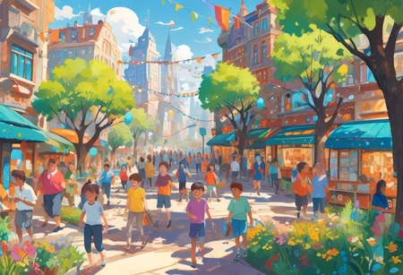 vibrant cityscape where accessible pathways are filled with smiling individuals of all abilities, showcasing inclusion and joy