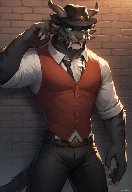 score_9, score_8_up, score_7_up, charr, vest, male, hat, black pants with white stripe, furry, source_furry, green eyes, black fur, lead on the wall, vibrant color, high contract,