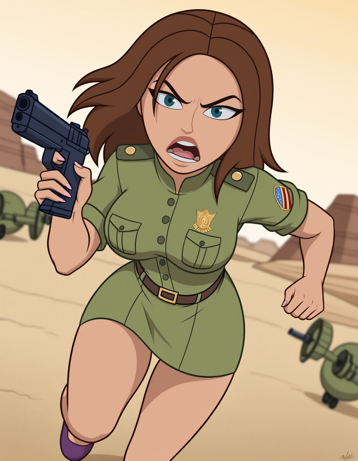 source_cartoon, rating_safe, flat color, BREAK <lora:bonnieRockwallerXL_LoRA-C3Lier_AdamW_Dim16_Alpha16_UN-3e-4_TE-1.5e-4_10batch_ponyDiffusionV6XL_v6StartWithThisOne:1>, bonnie rockwaller, 1girl, dark-skinned female, brown hair, long hair, medium breasts, looking at viewer, open mouth, angry,eye focus, dutch angle, facing viewer, depth of field,holding gun, military, military uniform, desert,running,