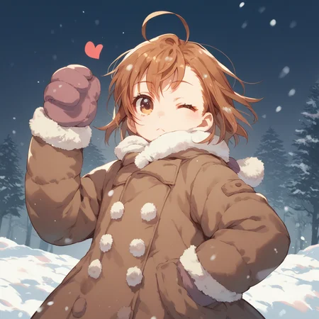 anime coloring, score_9, score_8_up, score_7_up, score_6_up, misaka20001 last-order, toaru, 1girl, solo, ahoge, brown hair, one eye closed, brown eyes, mittens, winter clothes, coat, short hair, heart ahoge, snow