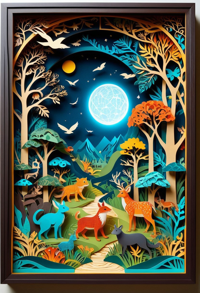 3D papercut shadow box of a parallel universe where animals have evolved to use technology, Patchwork Style, layered, dimensional, depth, silhouette, shadow, handmade, by various contemporary artists. 
concept-art, fantasy, epic, majestic, magical, dreamy, perspective, light and shadow, moody, epic, 
beautiful, painterly, aesthetic, textural, vivid, vibrant, intricate details, highly detailed, ultra-detailed, absurdres, 
aid291, ptchkrawk , Jed-pprct