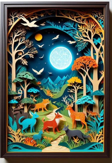 3D papercut shadow box of a parallel universe where animals have evolved to use technology, Patchwork Style, layered, dimensional, depth, silhouette, shadow, handmade, by various contemporary artists.
concept-art, fantasy, epic, majestic, magical, dreamy, perspective, light and shadow, moody, epic,
beautiful, painterly, aesthetic, textural, vivid, vibrant, intricate details, highly detailed, ultra-detailed, absurdres,
aid291, ptchkrawk , Jed-pprct