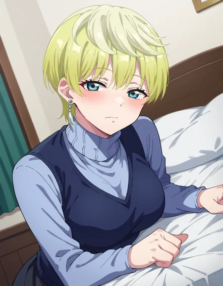 score_9, score_8_up, score_7_up, source_anime,
tenkaizumo, <lora:tenka-izumo-s1-ponyxl-lora-nochekaiser:1>
tenka izumo, short hair, blue eyes, blonde hair,
skirt, long sleeves, jewelry, pantyhose, earrings, vest, sweater, turtleneck, turtleneck sweater,
indoors, bed, bed room, on side, blush, drunk,
looking at viewer, cowboy shot, dutch angle, solo,