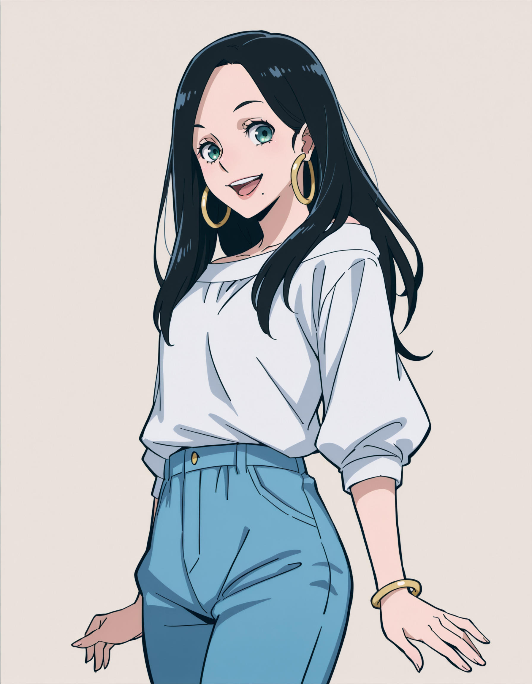 <lora:MakotoTsukauchiIllustrious1.0JLFO:1> makokotsukauchi, black hair, long hair, 1girl, smile, mole, jewelry, solo, green eyes, hoop earrings, white shirt, looking at viewer, cowboy shot,simple background, blue pants, open mouth,