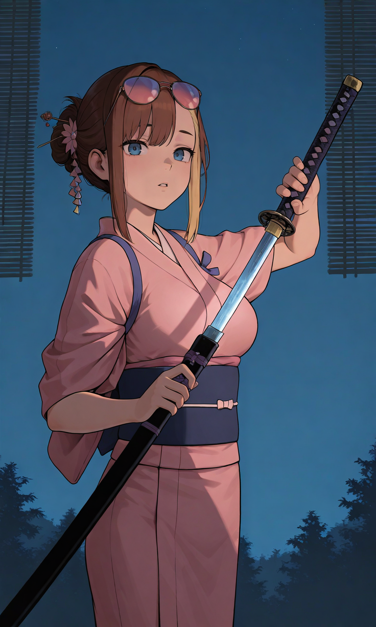 embedding:IllusP0s, GTAVC-LS-ILV1.0, 1girl, solo, night, outdoors, brown hair, blonde highlights, asymmetrical bangs, sidelocks, hairpin, hair ornament, blue eyes, parted lips, pink kimono, tasuki, obi, eyewear on head, shutter shades, low angle, contrast lighting, unsheathing, holding sheath, katana, weapon focus, drawing sword, (side view:0.5),<lora:GTA_Vice_City_Loading_Style-000014.safetensors:1.0:1.0>