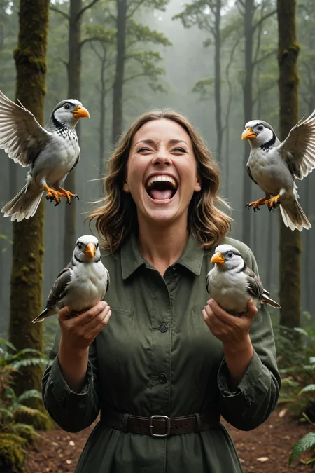 by ((( Nathan Wirth ) and Atey Ghailan ) and Peter Sculthorpe ) and David Yarrow , movie still <lora:juggernaut_cinematic:1.00> of a cute happy woman holding up two cute birds while laughing maniacally laughter, dual wielding birds <lora:happy:0.25><lora:maniacal_laughter:1.75> <lora:dual_pistols:0.35> <lora:more_art:0.40><lora:faetastic:0.25><lora:midjourney:0.15>