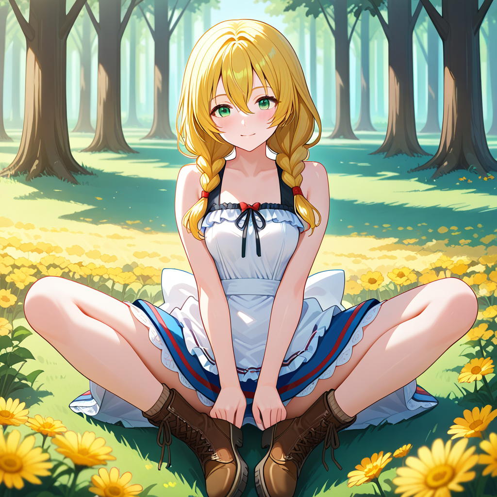 forest,flower field,key light,sitting, butterfly sitting, masterpiece, best quality, amazing quality, newest,1girl,, <lora:witch_viola:1>,Witch_viola,blonde hair,braid,green eyes,twin blaid,long hair,hair between eyes,viola_outfit,dress,sleeveless,bare shoulders,boots,brown footwear,sleeveless dress,white dress,apron,cross-laced footwear,frills,