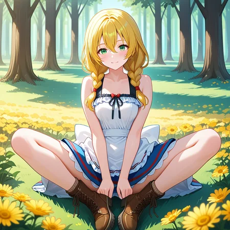 forest,flower field,key light,sitting, butterfly sitting, masterpiece, best quality, amazing quality, newest,1girl,, <lora:witch_viola:1>,Witch_viola,blonde hair,braid,green eyes,twin blaid,long hair,hair between eyes,viola_outfit,dress,sleeveless,bare shoulders,boots,brown footwear,sleeveless dress,white dress,apron,cross-laced footwear,frills,