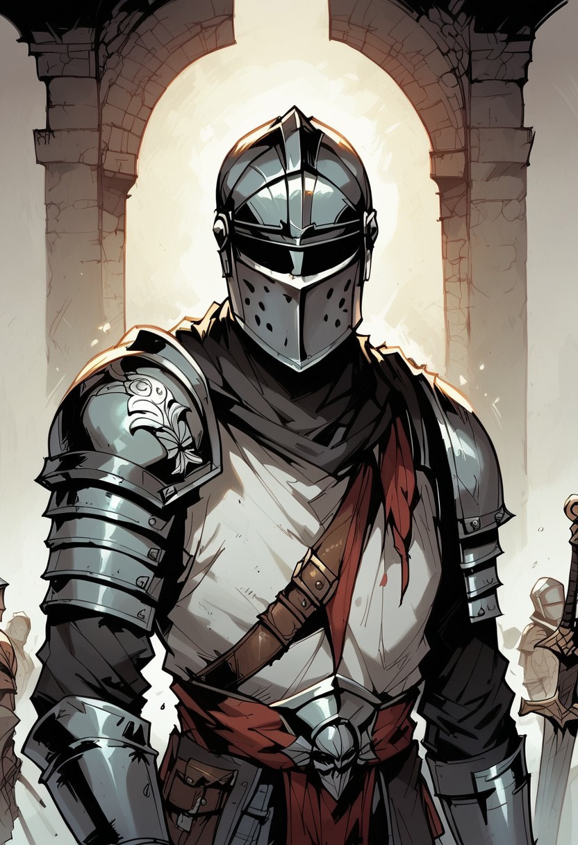 score_9, score_8_up, score_7_up, BREAK, 1boy cowboy-shot, beautiful, dramatic lights ((Reynauld. ReynauldDD. Crusader. CrusaderDD. helmet, armor, DDstyle. Darkeststyle, knight, crusader, closed helmet, shaded eyes, eyes covered in shadow, non visible eyes))