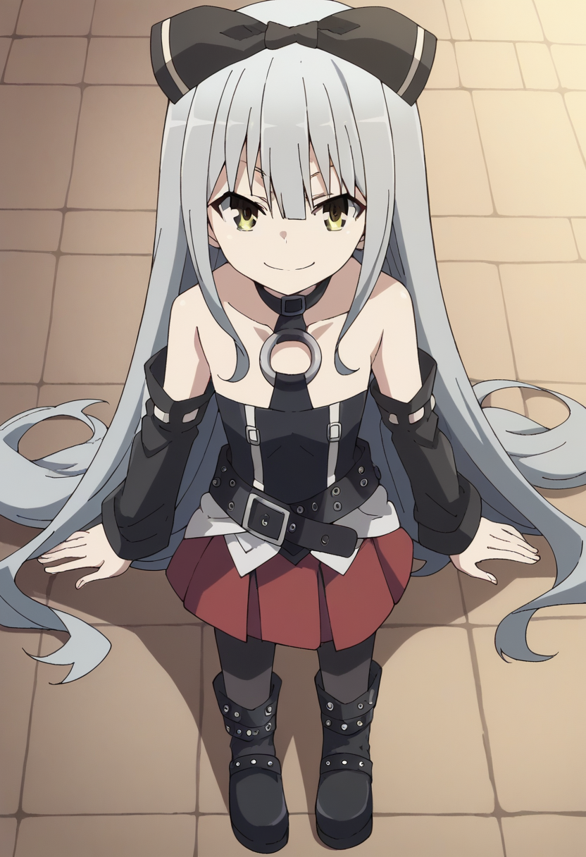 solo,SoraTS, long hair, skirt, bare shoulders, very long hair, grey hair, pantyhose, detached sleeves, belt, black pantyhose, bow, boots,  <lora:PonyXL SoraTS V2:1>, score_9, score_8_up, score_7_up, score_6_up, score_5_up, score_4_up , anime coloring ,BREAK source_anime, anime,
pov, full body, smile,