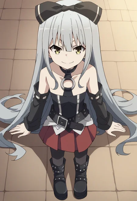 solo,SoraTS, long hair, skirt, bare shoulders, very long hair, grey hair, pantyhose, detached sleeves, belt, black pantyhose, bow, boots, <lora:PonyXL SoraTS V2:1>, score_9, score_8_up, score_7_up, score_6_up, score_5_up, score_4_up , anime coloring ,BREAK source_anime, anime,
pov, full body, smile,