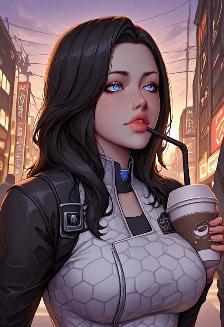 masterpiece, best quality, amazing quality, very aesthetic, absurdres, newest, 1girl, solo focus, miranda_lawson_(mass_effect), miranda, 1girl, black hair, medium breasts, long hair, lips, blue eyes, detailed_eyes, expressive_eyes, holding iced coffee cup, sipping iced coffee using straw, dynamic_lighting, sunset, golden_hour, akihabara, tokyo, urban_street, neon_lights, bustling_crowds, vending_machines, hanging_lanterns, stylish_outfit, futuristic_aesthetic, subtle_mass_effect_design, cinematic_perspective, warm_glow, illuminated_signs, depth_of_field, detailed_background, high_resolution, intricate_shading, ultra-detailed, sharp lines, c0mix, artist:moriimee