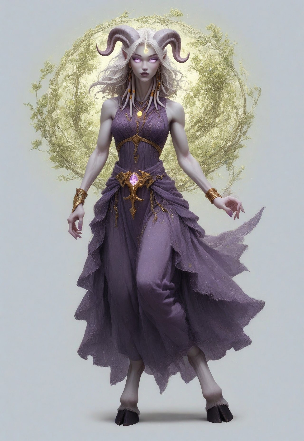 (absurdres, highres, best quality, masterpiece:1.4), 
score_9, score_8_up, score_7_up, score_6_up, 
detailed, 
detailed body, 
detailed face, 

(culDraenei, 
female, 
purple eyes, 
no sclera, 
no pupils, 
athletic, 
tall, 
slim, 
pale skin,
grey skin, 
long ears),

loose long purple dress,  
yellow pendant, 
sleeveless, 
magical spell, green aura, 

cheerful, 
(((full body))), 
posing, 
floating, 

(((white background, plain background))), 
(((no objects in background)))