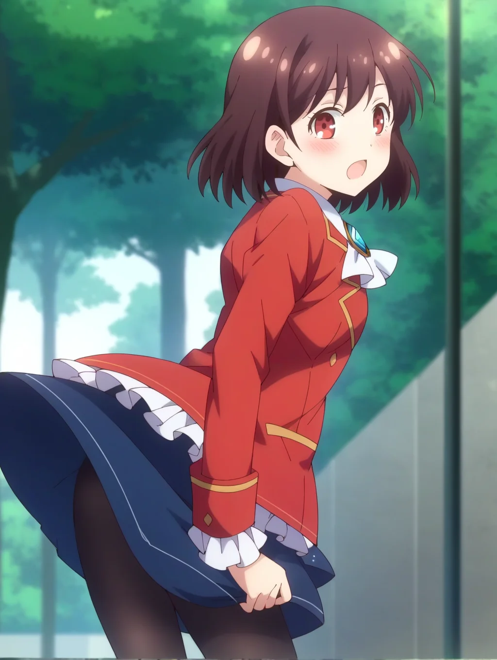score_9, score_8_up, score_7_up, score_6_up, uncensored, source_anime,
BREAK,
solo,
<lora:wataoshi_rei_taylor:1>,wataoshi_rei_taylor, short hair,brown hair,red jacket, long sleeves, blue skirt, white shirt, frills, black pantyhose, brooch,
from behind,
looking at viewer,
open mouth, blush, panicking ,hip,upskirt,