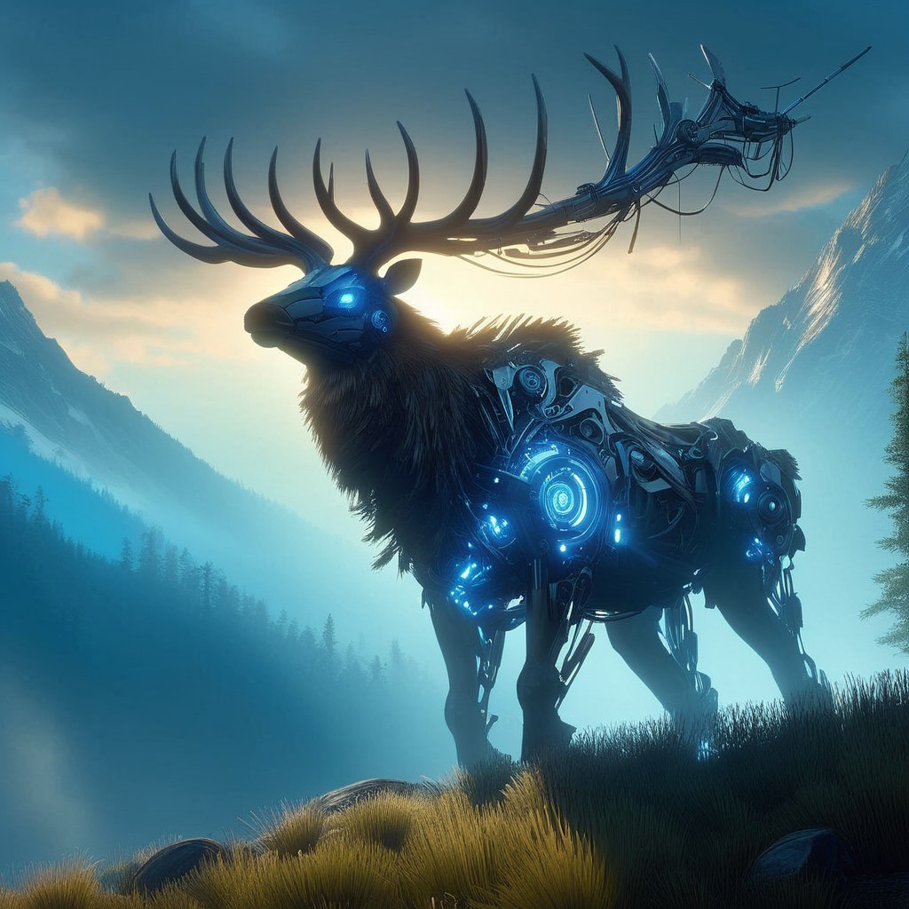 (Ultra Realistic:1.0),32k,(Masterpiece:1.0),(High Detailed Skin:1.0),( High Quality:1.0), (Detailed Realistic Background:1.3), (Official Art, Beautiful and Aesthetic:1.2), (Realistic Lighting:1.0), glowing, day, science fiction, nature, grass, deer, scenery, mountain, non-humanoid robot, forest, "An imposing, machine-like elk standing majestically on mountain edge looking at sky, its intricate mechanical parts inspired by the Horizon Zero Dawn style. The elk’s body is a blend of organic and metallic elements, with glowing blue lights coursing through its frame, reflecting the technological sophistication of a bygone era. Its angle are vast and sharp, made of gleaming steel, resembling a regal crown.
The scene is set in a deep of field, epic cinematic lighting, view from below dramatic sky with beams of cinematic light piercing through the canopy, casting dramatic shadows across the elk’s form. The atmosphere is epic and tense, as the elk stands still, as if inspecting its surroundings with quiet intelligence. The mood is both mysterious and foreboding, emphasizing the contrast between nature and technology, framed in high resolution and intense detail, evoking the visual grandeur and storytelling depth of Horizon Zero Dawn."