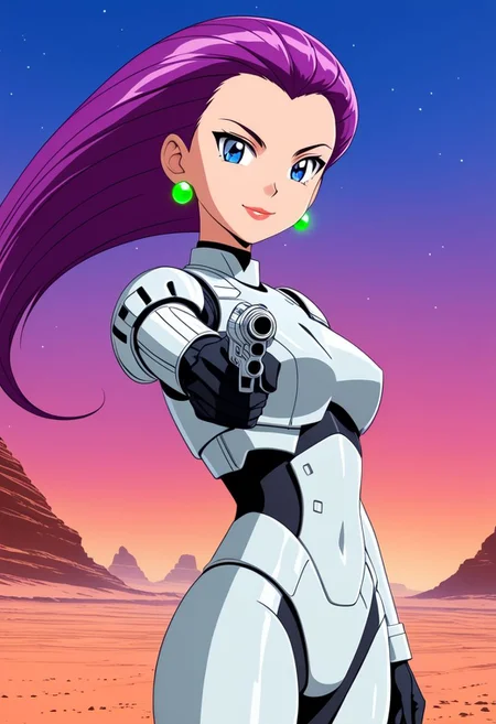 Star Wars Movie Anime style {Jessie wearing a (white) and black stormtrooper armour, no lights on armour, no helmet, blue eyes, hair slicked back, long hair, purple hair, earrings, mischievous smile, pointing a laser gun, looking at viewer, lips,} . fantasy, futuristic, Anime, digital, vibrant, detailed, high contrast, reminiscent of the star wars genre, UHD, HDR, masterpiece, Cinematic lighting, cowboy shot, on an alien planet, sexy, sleek,