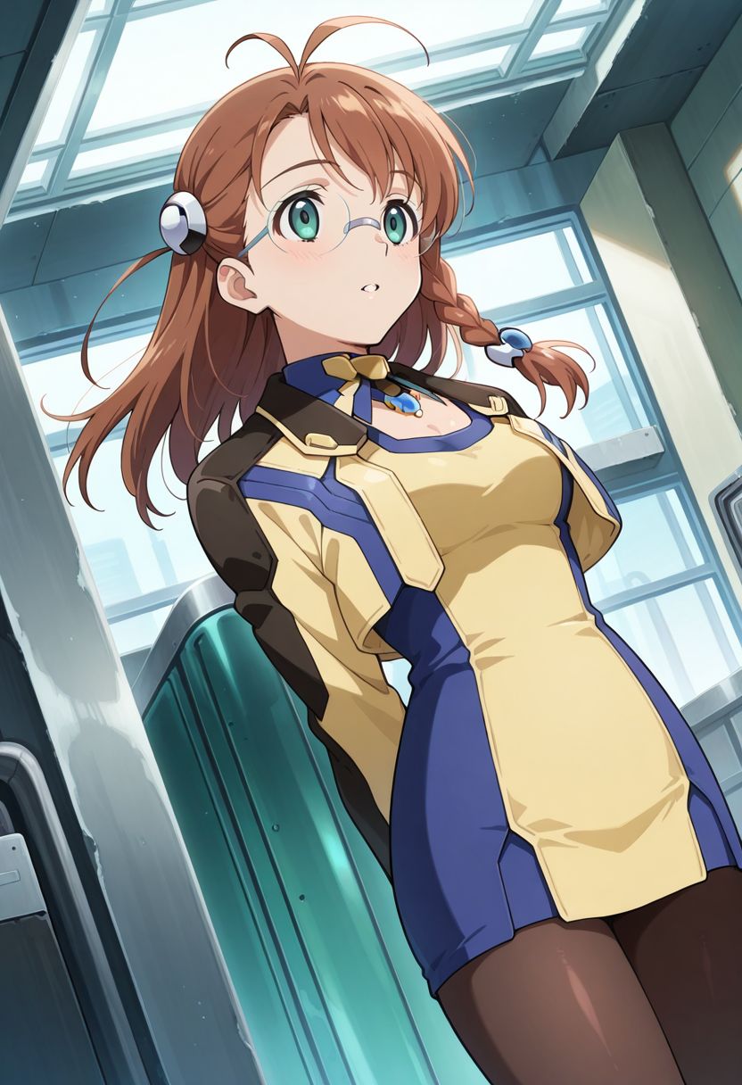 detailed eyes, beautiful, detailed background, perfect eyes,
source_anime, very aesthetic, anime coloring, masterpiece, official art,
<lora:HandFineTuning_XL:1>
BREAK,
factory, sci-fi, holograms,
cowboy shot, dynamic angle,
parted lips, hands behind back,
BREAK,
BREAK,
<lora:shion_illustrious_v01_1:0.9>
shion uzuki, brown hair, single braid, ahoge, long hair, glasses, round eyewear, pantyhose, yellow footwear, cropped jacket, breast cutout, parted bangs, dress, green eyes, yellow dress,