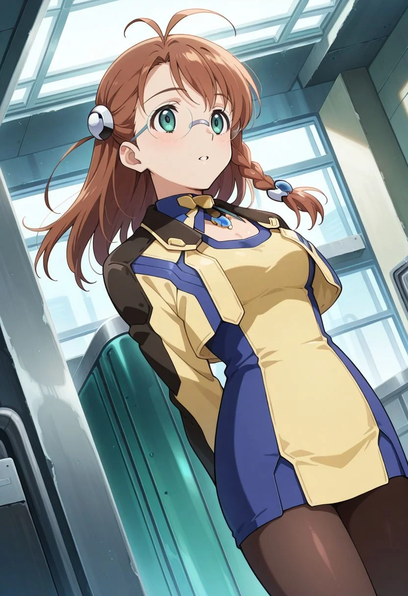 detailed eyes, beautiful, detailed background, perfect eyes,
source_anime, very aesthetic, anime coloring, masterpiece, official art,
<lora:HandFineTuning_XL:1>
BREAK,
factory, sci-fi, holograms,
cowboy shot, dynamic angle,
parted lips, hands behind back,
BREAK,
BREAK,
<lora:shion_illustrious_v01_1:0.9>
shion uzuki, brown hair, single braid, ahoge, long hair, glasses, round eyewear, pantyhose, yellow footwear, cropped jacket, breast cutout, parted bangs, dress, green eyes, yellow dress,