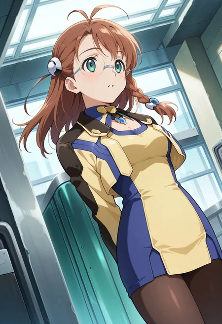 detailed eyes, beautiful, detailed background, perfect eyes,
source_anime, very aesthetic, anime coloring, masterpiece, official art,
<lora:HandFineTuning_XL:1>
BREAK,
factory, sci-fi, holograms,
cowboy shot, dynamic angle,
parted lips, hands behind back,
BREAK,
BREAK,
<lora:shion_illustrious_v01_1:0.9>
shion uzuki, brown hair, single braid, ahoge, long hair, glasses, round eyewear, pantyhose, yellow footwear, cropped jacket, breast cutout, parted bangs, dress, green eyes, yellow dress,