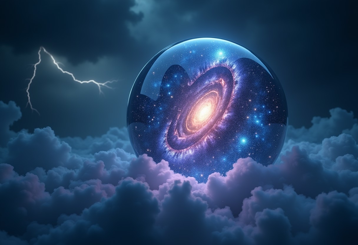 A 4K image of a colossal, floating glass orb in a dark, stormy sky. Inside the orb, a miniature galaxy swirls with vibrant nebulae, sparkling stars, and a radiant, glowing core. Lightning crackles around the orb, illuminating its surface with brilliant flashes of blue and purple light. The orb casts a soft, ethereal glow onto the turbulent clouds below. Masterpiece quality, ultra-detailed, breathtaking contrast
