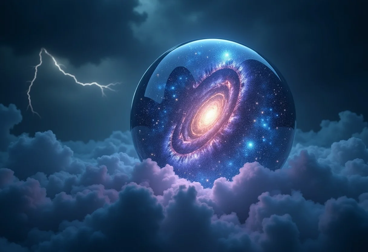 A 4K image of a colossal, floating glass orb in a dark, stormy sky. Inside the orb, a miniature galaxy swirls with vibrant nebulae, sparkling stars, and a radiant, glowing core. Lightning crackles around the orb, illuminating its surface with brilliant flashes of blue and purple light. The orb casts a soft, ethereal glow onto the turbulent clouds below. Masterpiece quality, ultra-detailed, breathtaking contrast