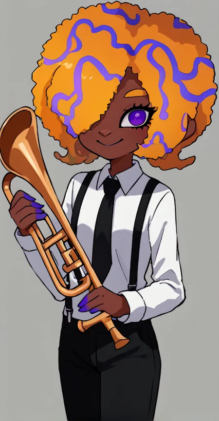score_9, solo, 1girl, dark skin, black pants, pants, purple eyes, hair over one eye, shirt, white shirt,  afro, smile, trumpet, necktie, suspenders, <lora:tao_blu_splatoon:1>