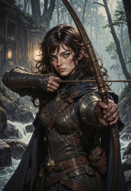 a highly detailed digital artwork depicting a female archer in a fantasy setting. The subject is a young woman with fair skin and long, wavy, dark brown hair that cascades past her shoulders. Her piercing green eyes and determined expression suggest focus and strength. She is dressed in medieval-style armor that includes a dark, metallic breastplate covering her chest, and a matching armored sleeve that extends to her elbow. Her attire also includes a leather belt with pouches, and a dark cape draped over her shoulders.
She is holding a bow which is drawn back and aimed at a target, indicating she is about to shoot an arrow. The bow is intricately designed with a wooden grip and metal accents. The background is a misty, dense forest with tall trees and a rocky stream flowing through it, creating a serene yet mysterious atmosphere. The lighting is dim, with a soft glow illuminating the subject, highlighting her form and the textures of her armor. The overall mood of the image is intense and dramatic, capturing a moment of readiness and concentration.