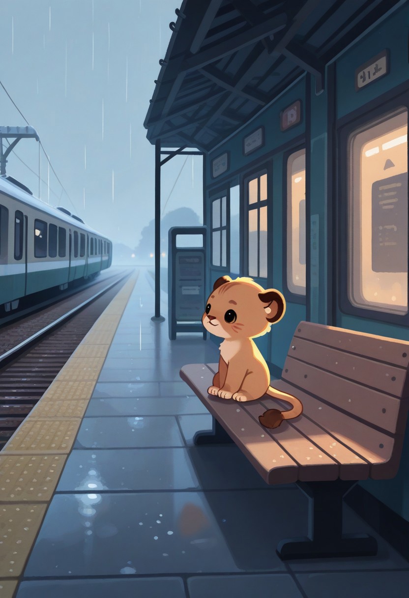 "(masterpiece, best quality, high quality, highres), very awa, highres, absurdres,
(naguru \(cyoroama\):0.9), (chii-kun \(seedyoulater\):0.7), (pikaole:0.8),
(lion cub:1.1),
(no humans:1.1), (cute:1.2), comfy, solo, cozy,
train station, platform, sitting on a bench, waiting, train, relaxed, rain, umbrella, "