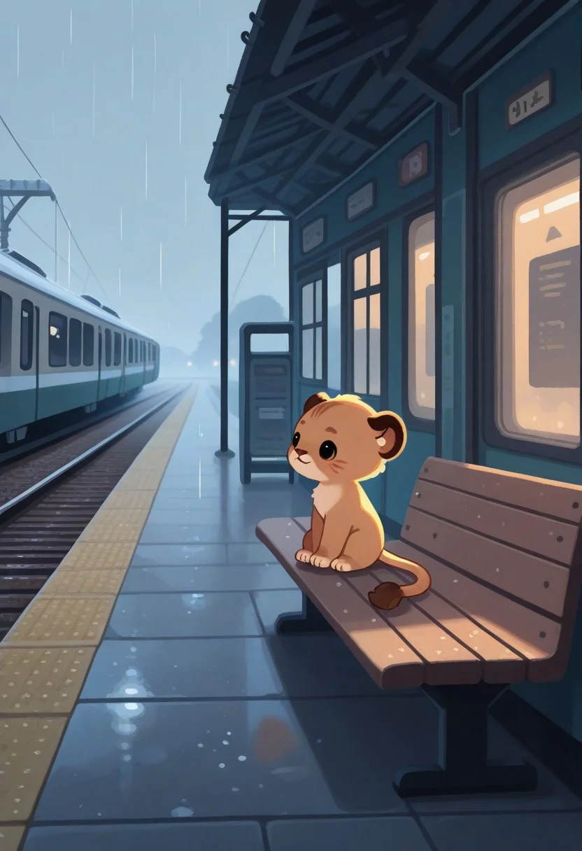 "(masterpiece, best quality, high quality, highres), very awa, highres, absurdres,
(naguru \(cyoroama\):0.9), (chii-kun \(seedyoulater\):0.7), (pikaole:0.8),
(lion cub:1.1),
(no humans:1.1), (cute:1.2), comfy, solo, cozy,
train station, platform, sitting on a bench, waiting, train, relaxed, rain, umbrella, "