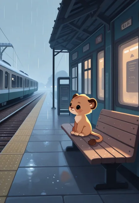 "(masterpiece, best quality, high quality, highres), very awa, highres, absurdres,
(naguru \(cyoroama\):0.9), (chii-kun \(seedyoulater\):0.7), (pikaole:0.8),
(lion cub:1.1),
(no humans:1.1), (cute:1.2), comfy, solo, cozy,
train station, platform, sitting on a bench, waiting, train, relaxed, rain, umbrella, "
