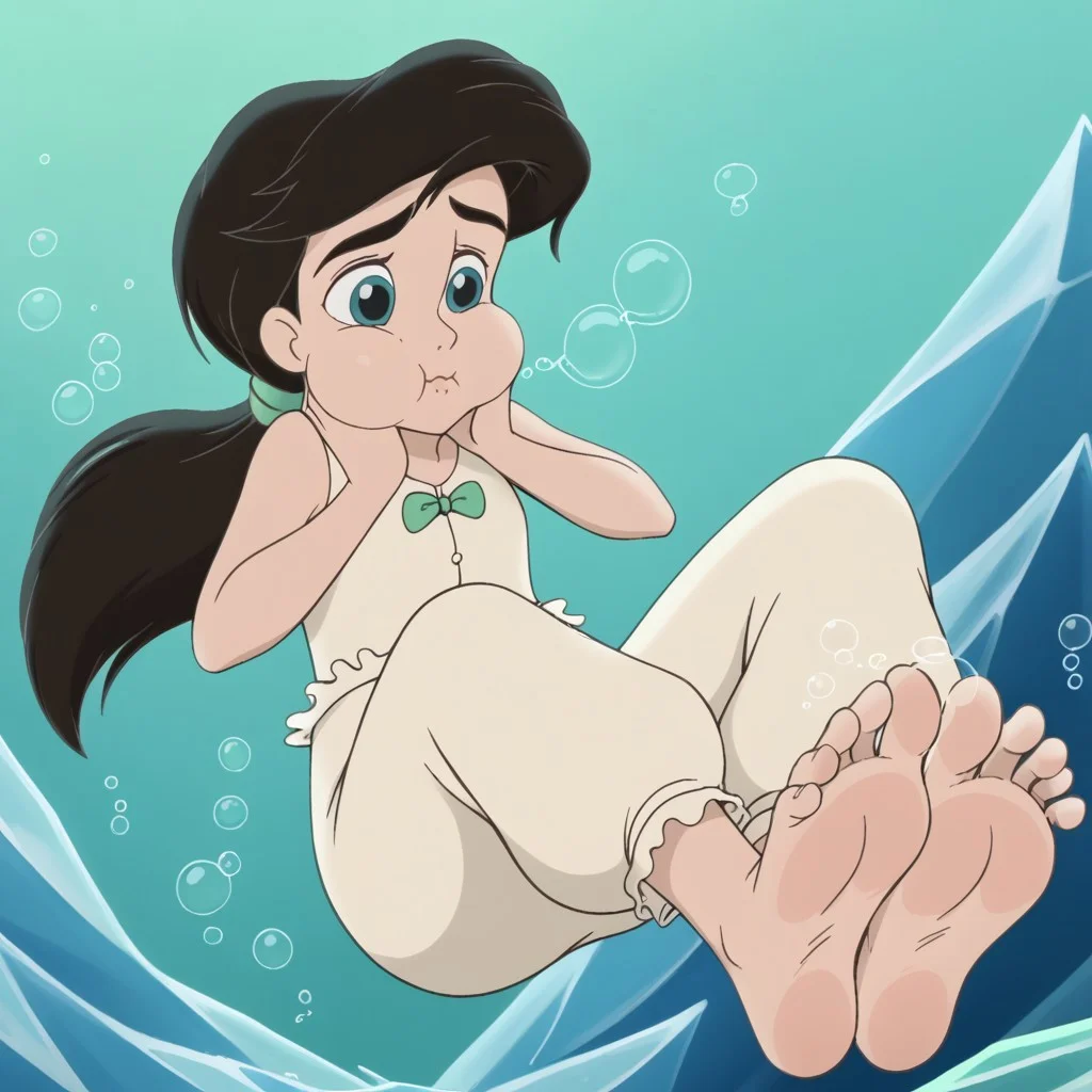 MelodyLM, melody, uwbubbles, 1girl, solo, aqua eyes, black hair, ponytail, thick eyebrows, human, white undershirt, white pantalettes, sleeveless, green bowtie, green hairband, barefoot, feet focus, feet tease, ((bubbling feet)), soles, aqua background, green background, ((puckered lips)), (open mouth:0.5), bubbling feet, air bubble, bubble, cave, floating, floating hair, ice, underwater, asphyxiation, drowning, ((blowing air bubbles)), closed mouth, female focus, full body, holding neck, nervous, ((puffy cheeks))