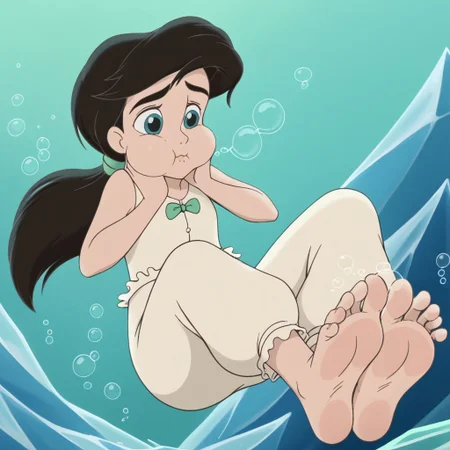 MelodyLM, melody, uwbubbles, 1girl, solo, aqua eyes, black hair, ponytail, thick eyebrows, human, white undershirt, white pantalettes, sleeveless, green bowtie, green hairband, barefoot, feet focus, feet tease, ((bubbling feet)), soles, aqua background, green background, ((puckered lips)), (open mouth:0.5), bubbling feet, air bubble, bubble, cave, floating, floating hair, ice, underwater, asphyxiation, drowning, ((blowing air bubbles)), closed mouth, female focus, full body, holding neck, nervous, ((puffy cheeks))