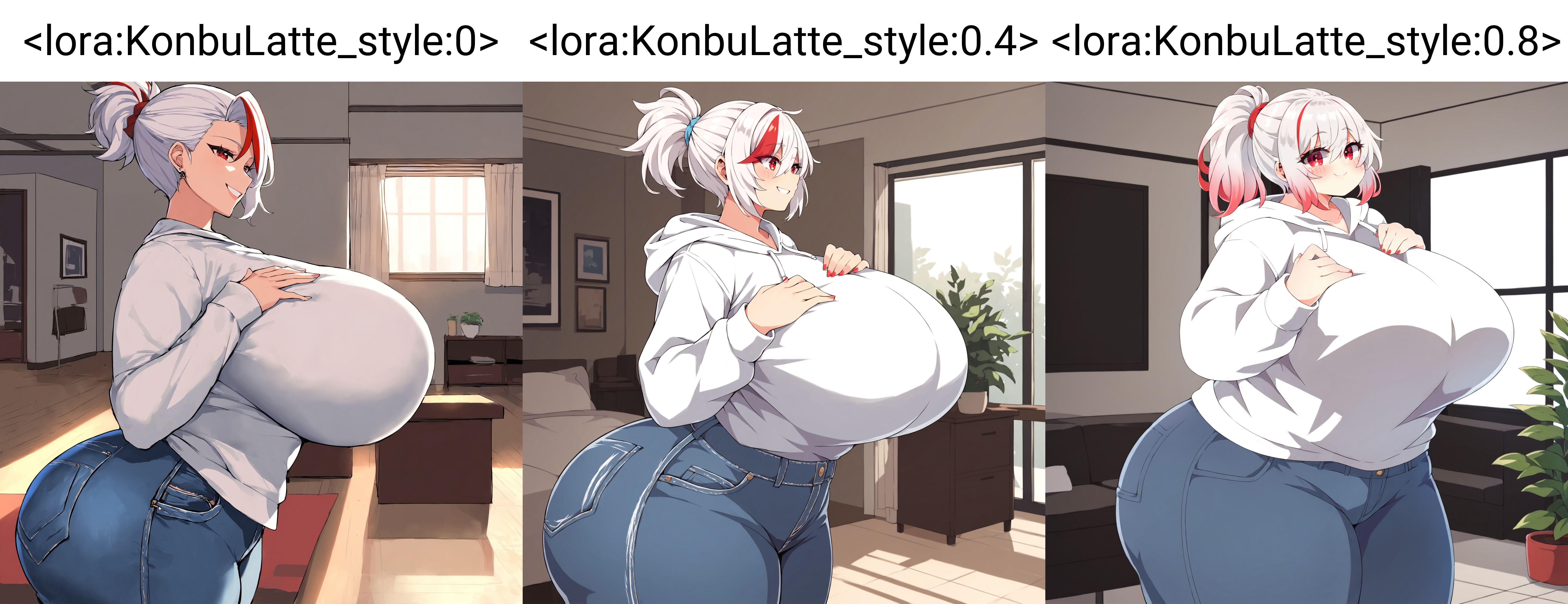 (masterpiece), best quality, (highly detailed), score_9, score_8_up, score_7_up, score_6_up, score_5_up, 1female, <lora:KonbuLatte_style:0>, white hoodie, huge breasts, huge thighs, wide hips, jeans, red eyes, white hair, smile, room, indoor, short hair, ponytail, red highlights, standing, hands on chest, from the side, huge ass,