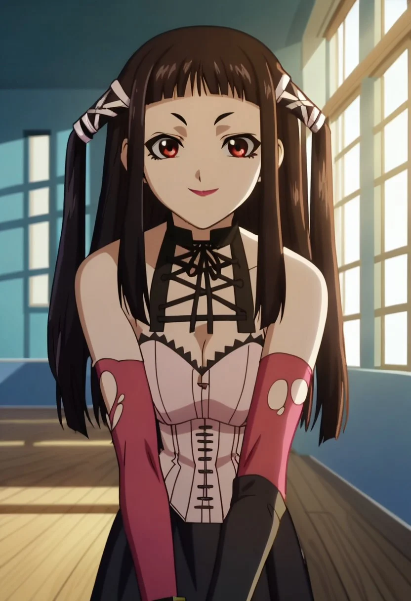 score_8, score_7_up, score_6_up, 1girl, rubytojo, source_cartoon, screencap, detailed face, light, day, solo, black hair, ribbon, long hair, two side up, hair ribbon, twintails, blunt bangs, lipstick, elbow gloves, cleavage, choker, bare shoulders, gloves, detached sleeves, pink corset, black skirt, main outfit, looking at viewer, smile, bent over, cowboy shot, school background, indoors, anime screencap