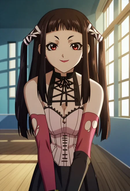 score_8, score_7_up, score_6_up, 1girl, rubytojo, source_cartoon, screencap, detailed face, light, day, solo, black hair, ribbon, long hair, two side up, hair ribbon, twintails, blunt bangs, lipstick, elbow gloves, cleavage, choker, bare shoulders, gloves, detached sleeves, pink corset, black skirt, main outfit, looking at viewer, smile, bent over, cowboy shot, school background, indoors, anime screencap