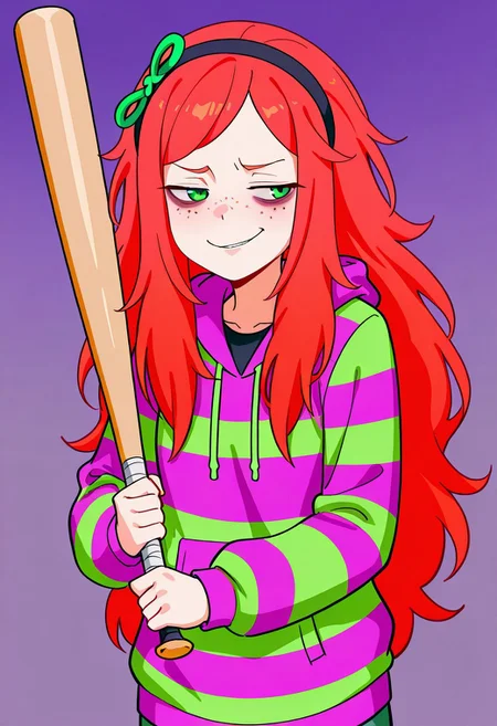 masterpiece, best quality, absurdres, anime screenshot, 1girl, solo, female focus, ViviJa, green eyes, red hair, very long hair, messy hair, asymmetrical bangs, parted bangs, sidelocks, freckles, bags under eyes,hairband, ribbon hair ornament, infinity symbol, green ribbon, black shirt, striped hoodie, green hoodie, purple hoodie, hood down, costanza face, skeptical expression, narrowed eyes, smirk, holding object, holding baseball bat,