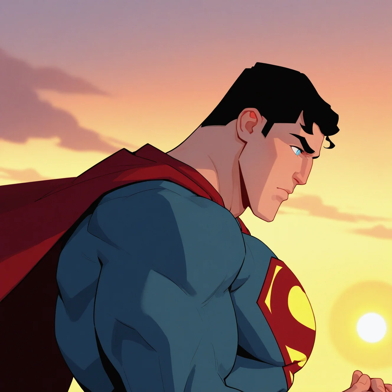 <lora:SUPERMAN_UNBOUND:1>superman_unbound, solo, short hair, black hair, 1boy, closed mouth, upper body, male focus, outdoors, sky, cloud, cape, blue eyes, from side, muscular, profile, bodysuit, thick eyebrows, muscular male, pectorals, own hands together, cloudy sky, sideburns, sunset, red cape, sun, superhero, blue bodysuit, orange sky, yellow sky, holding, detailed background, motion blur, film grain, abstract, natural lighting, fantasy, cinematic, dynamic view, tilted angle, very awa, masterpiece, best quality, absurdres, newest, perfect quality, detailed background, intricate details, (artist:fl \(l-fl\):0.7), (artist:tooboshoo:0.7), (artist:dizdoodz:0.8)