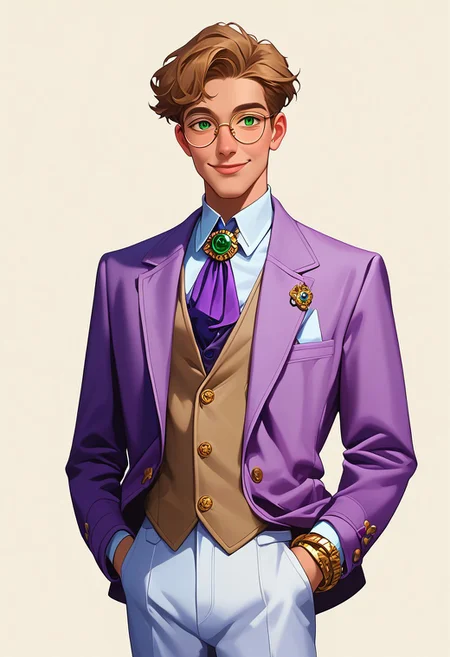 score_9, score_8_up, score_7_up, mgas, masterpiece, best quality, detailed eyes, detailed face, perfect eyes, high detailed, absurdres, highres, casual game art, mobile game art, merge 3 game art, character design, BREAK 1boy, man, mature, solo, smug, attractive, light brown hair, short hairstyle, green eyes, round black-rimmed glasses, white shirt under the jacket, purple silk tie, light purple knitted vest over the shirt, light brown jacket with 3 round small buttons on the cuffs, fake pockets on the jacket, white trousers, gold snake brooch on a tie, a gold chain bracelet on his right hand, BREAK holding on to the lapel of his jacket with both hands, standing, cowboy shot, looking to the left, BREAK simple background, white background