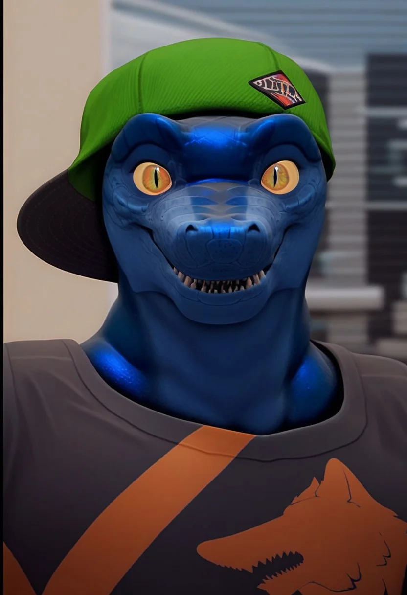 score_9, score_8_up, score_7_up, RTZERO , cobaltRTZ, 1boy, Lizard, blue scales, Gray shirt, looking at viewer, well builded, smiling, cap backwards, face shot,