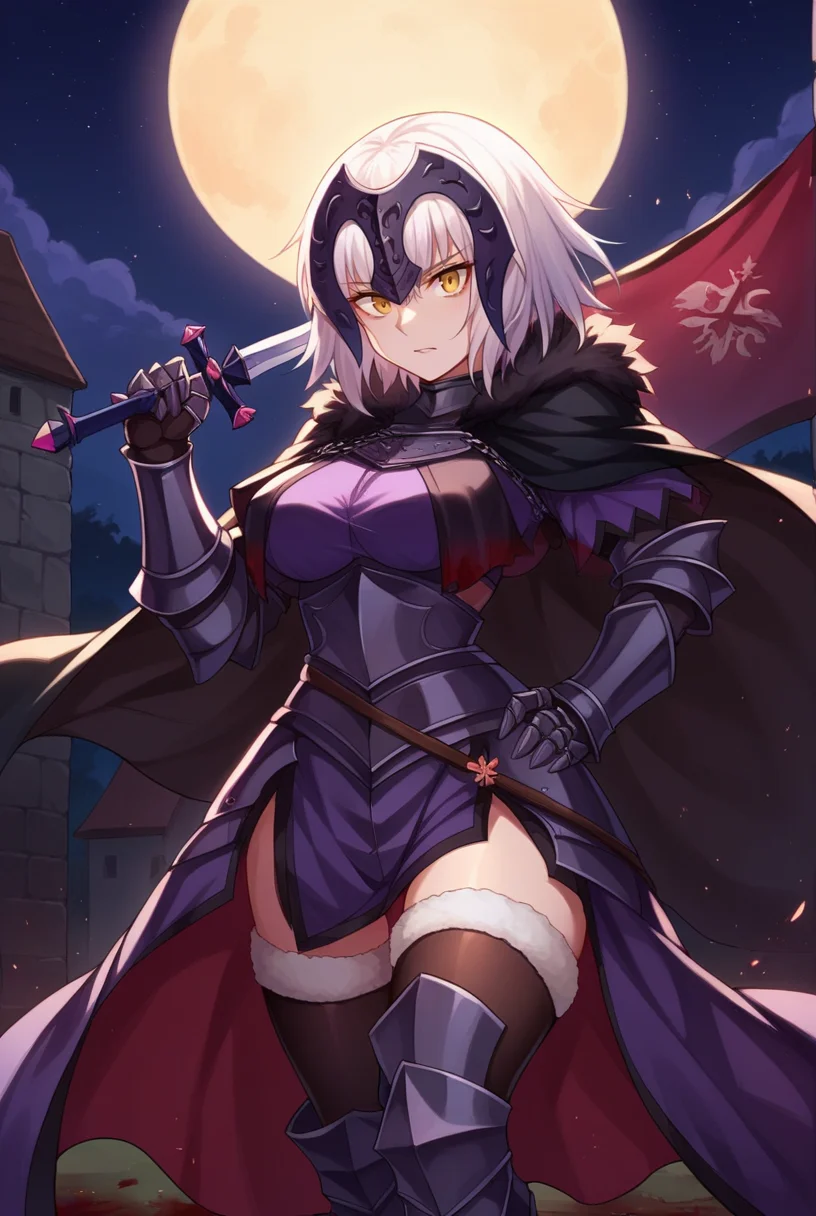 score_9, score_8_up, score_7_up, score_6_up,score_5_up,score_4_up, source_anime BREAK 1girl, solo, cowboy shot, <lora:Jeanne_Darc_Alter_Sdxl-09:1>, Jeanne_Armored, white hair, short hair, yellow eyes, headpiece, black armor, breastplate, short dress, armored skirt, vambraces, underbust, metal collar, fur-trimmed capelet, cloak, belt, scabbard, thighhighs, armored boots, thighhighs under boots, blood on clothes, large breasts, wide hips, sword, holding weapon, flag, outdoors, battlefield, medieval, night, moon, fighting stance, dynamic pose, arm over shoulder, hand on hip,