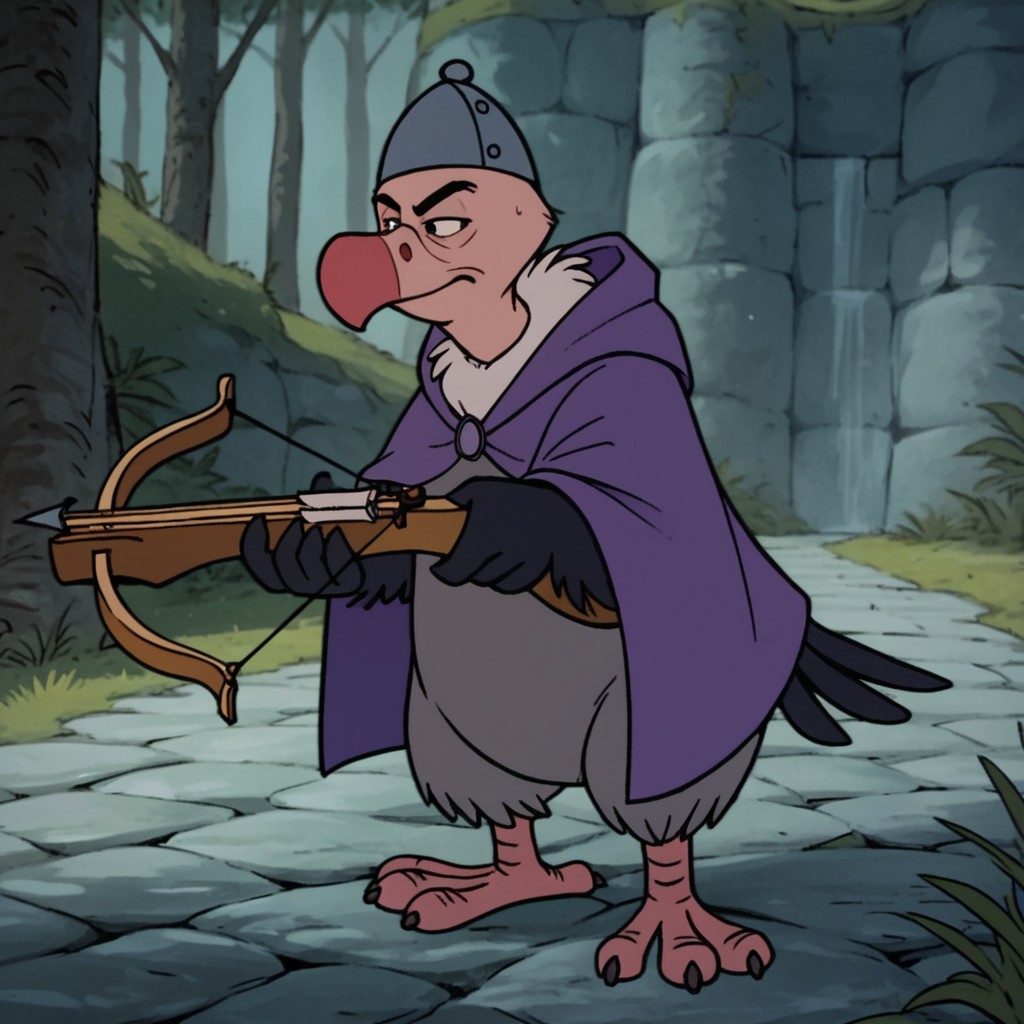 score_9, score_8_up, score_7_up, score_6_up, score_5_up, score_4_up, source_furry, TriggerRH, semi-anthro, male, vulture, bird, black feathers, winged arms, purple cloak, helmet, quiver, holding crossbow, standing, in forest,, <lora:4e407ccc-c861-43c2-b85e-901b2c8ddb07:0.7>
