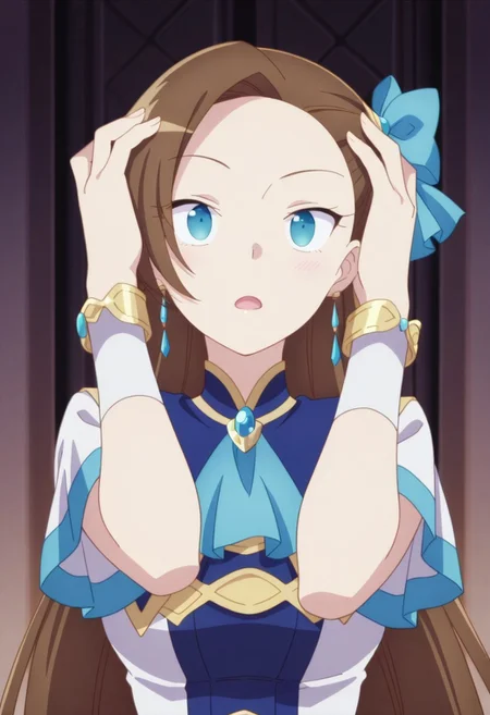 masterpiece,best quality,amazing quality,katarina claes, brown hair, blue eyes, long hair, 1girl, jewelry, open mouth, solo, earrings, hands on own head, dress, bow, high collar, short sleeves, hair bow, bracelet