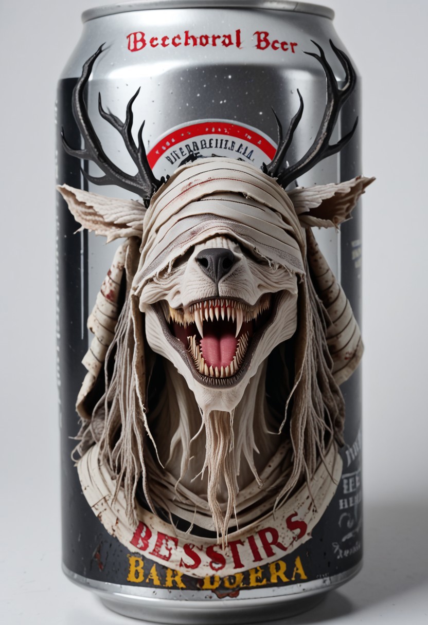 beerlabel, source_furry, beer can, 1girl, bbvicamelia,  sharp teeth, bandages, solo, gothic