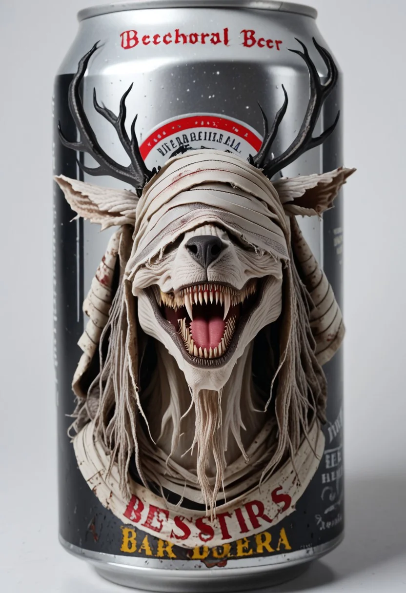 beerlabel, source_furry, beer can, 1girl, bbvicamelia, sharp teeth, bandages, solo, gothic
