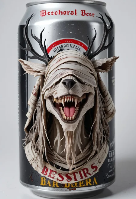 beerlabel, source_furry, beer can, 1girl, bbvicamelia, sharp teeth, bandages, solo, gothic